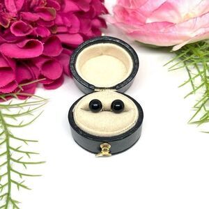VINTAGE⚜️14K GOLD ONYX Polished 6MM Gemstone Orb Stud Earrings